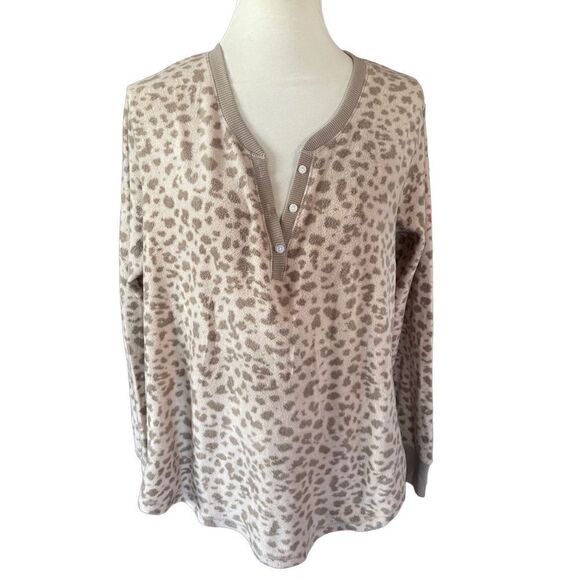 Jaclyn Intimates Womens Pajama Top Button Long Sleeve Leopard Brown Large - Picture 1 of 7